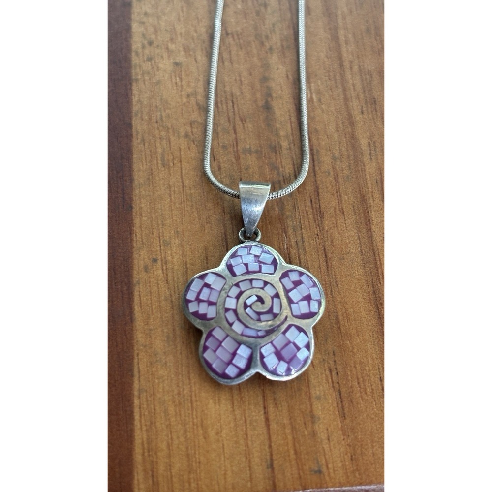 Sterling Silver Mosaic Inlay Pendant And Necklace 16"